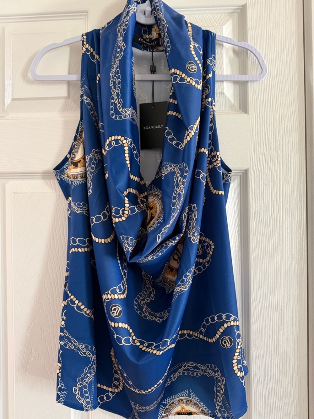 Koan Daily Royal Blue Chain Print Cowl Neck Tank